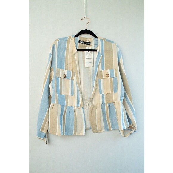 NEW Zara M open blazer cardigan top pockets linen blend peplum light jacket - Picture 1 of 6